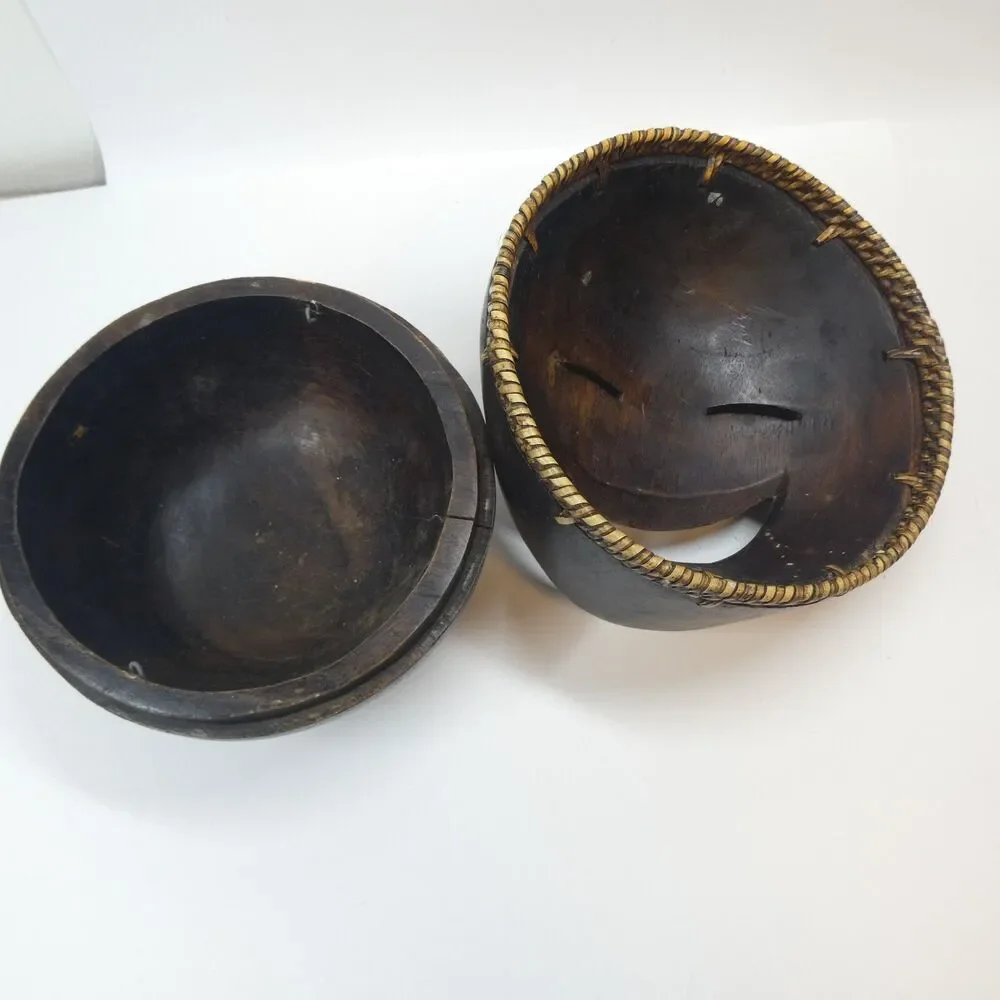Hand Carved Wooden Face Bowl Mask Lid Vintage MCM Tribal Open Mouth